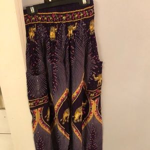Boho Elephant pants, purple background, gold elephants,red accent
